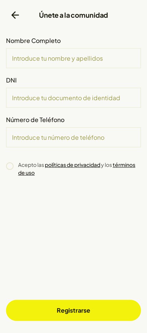Pantalla de registro con nombre, DNI y teléfono